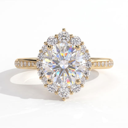 Round lab-grown diamond halo engagement ring in 14K (585) yellow gold, front view 