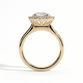 Round lab-grown diamond halo engagement ring in 14K (585) yellow gold, side profile 