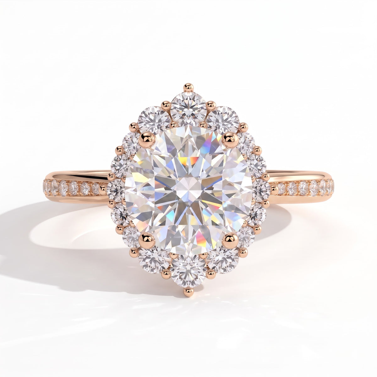Round lab-grown diamond halo engagement ring in 14K (585) rose gold, front view 