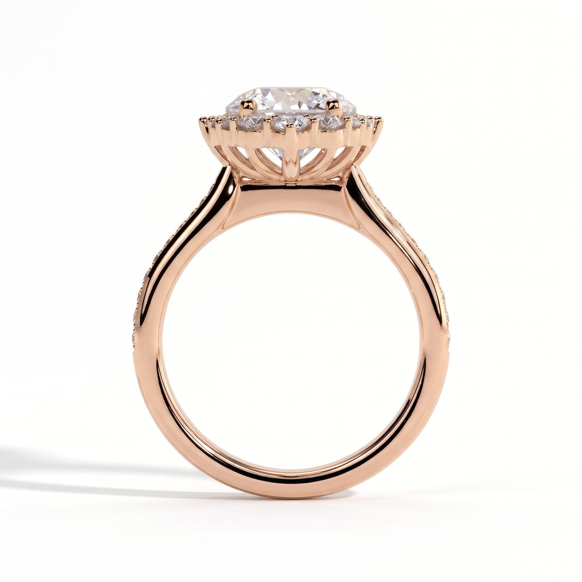 Round lab-grown diamond halo engagement ring in 14K (585) rose gold, side profile 