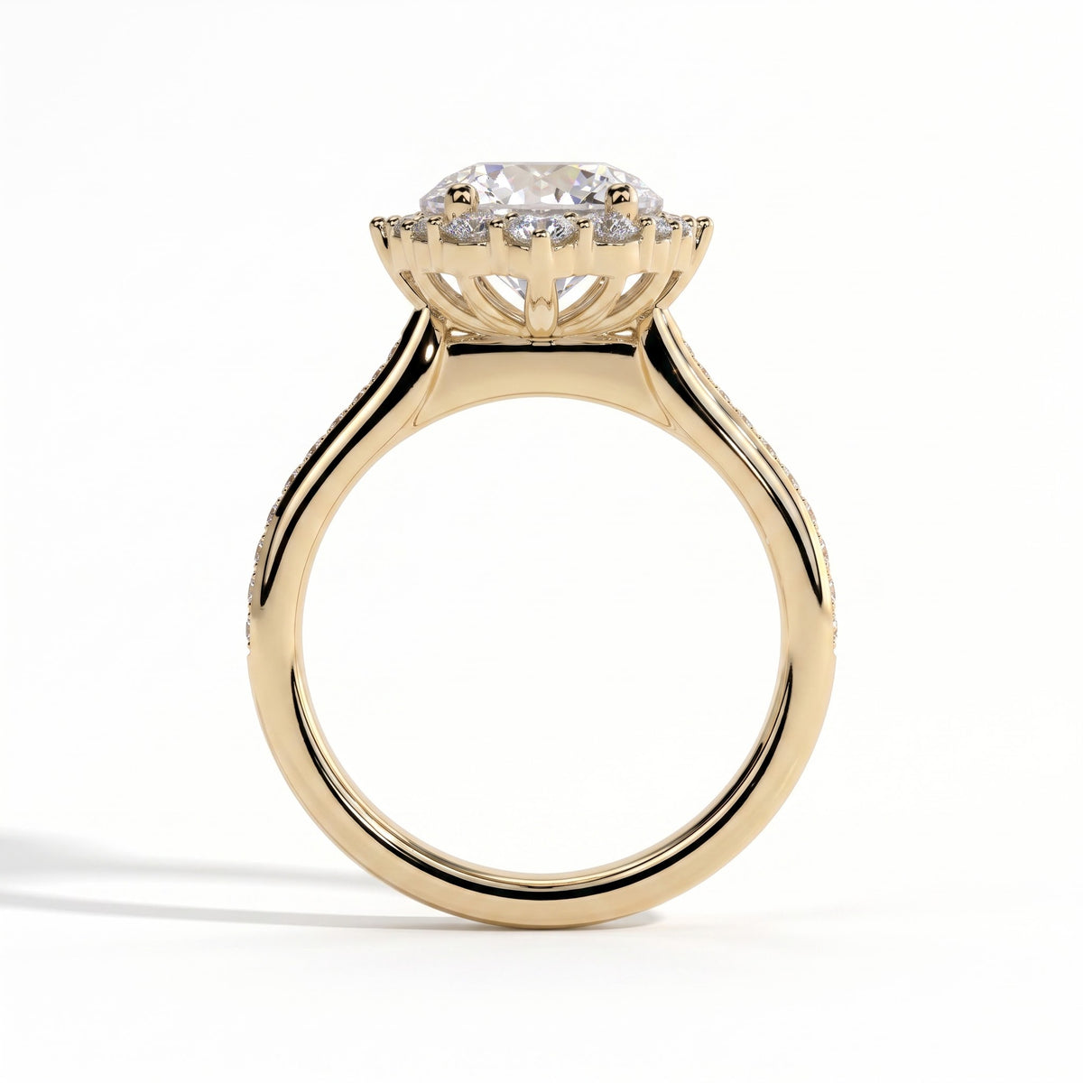 Round lab-grown diamond halo engagement ring in 18K (750) yellow gold, side profile 