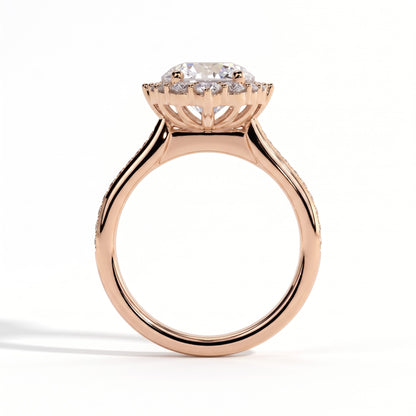 Round lab-grown diamond halo engagement ring in 18K (750) rose gold, side profile 