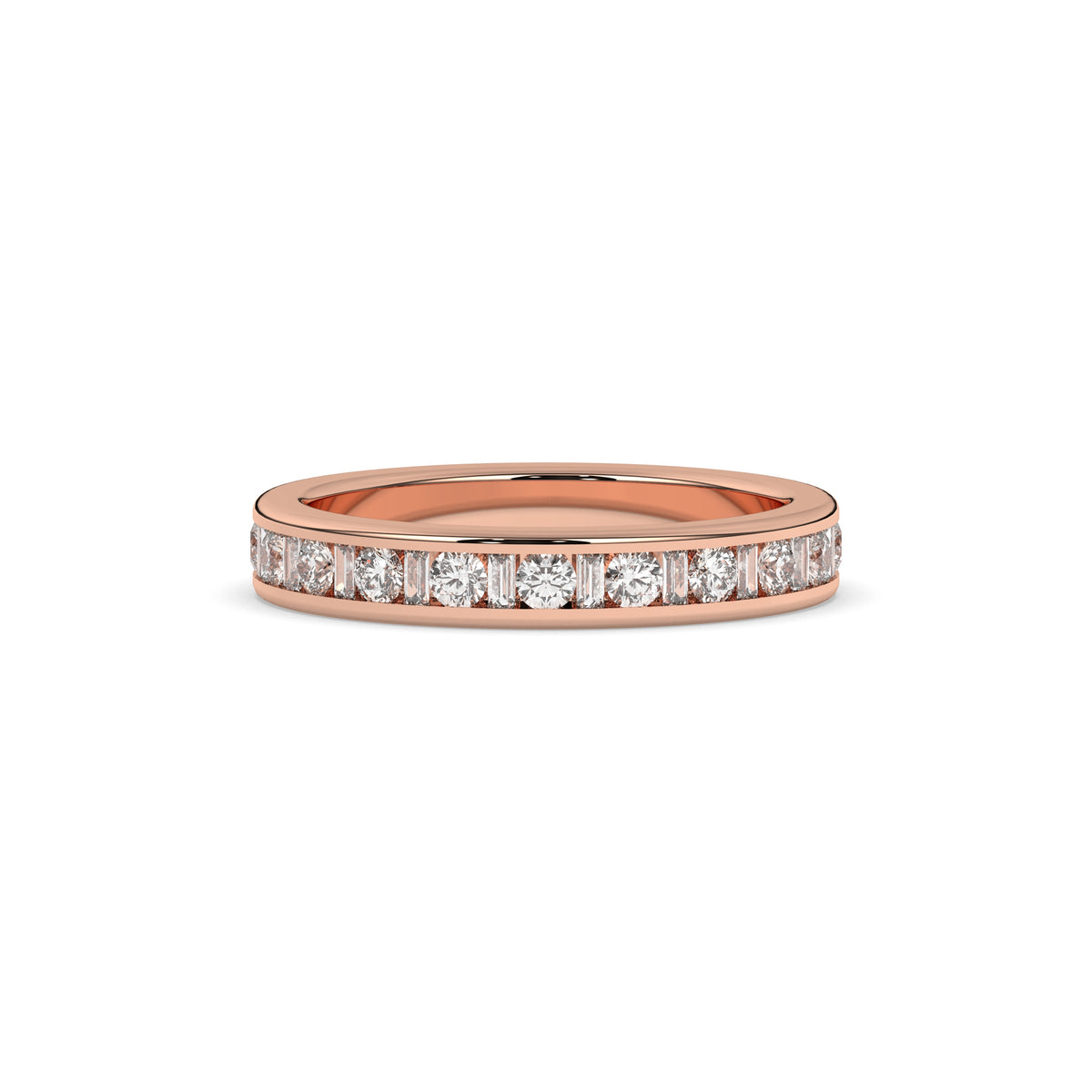 Elodie round and baguette lab-grown diamond channel-set eternity wedding band in 585 rose gold, front view 