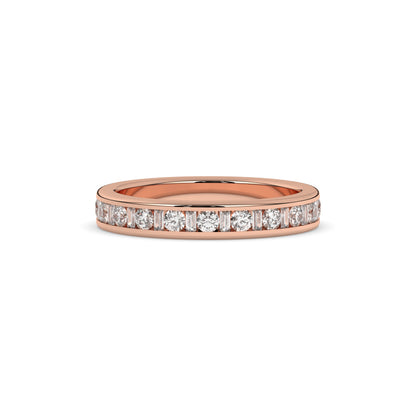Elodie round and baguette lab-grown diamond channel-set eternity wedding band in 585 rose gold, front view 