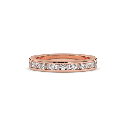 Elodie round and baguette lab-grown diamond channel-set eternity wedding band in 750 rose gold, front view 