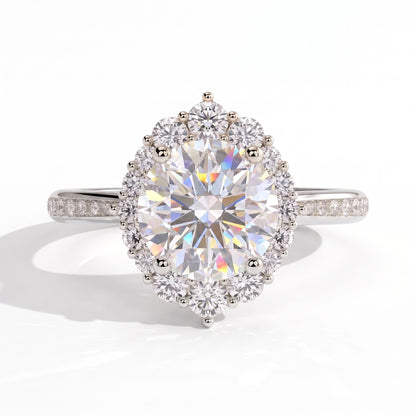 Round lab-grown diamond halo engagement ring in 18K (750) white gold, front view 