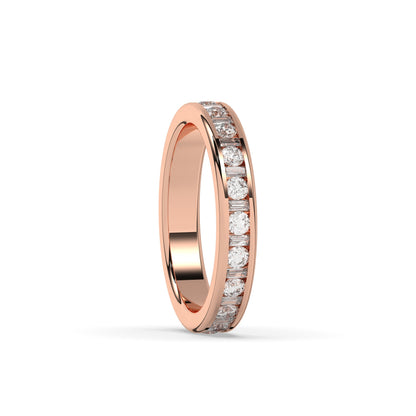 Elodie round and baguette lab-grown diamond channel-set eternity wedding band in 750 rose gold, side view 