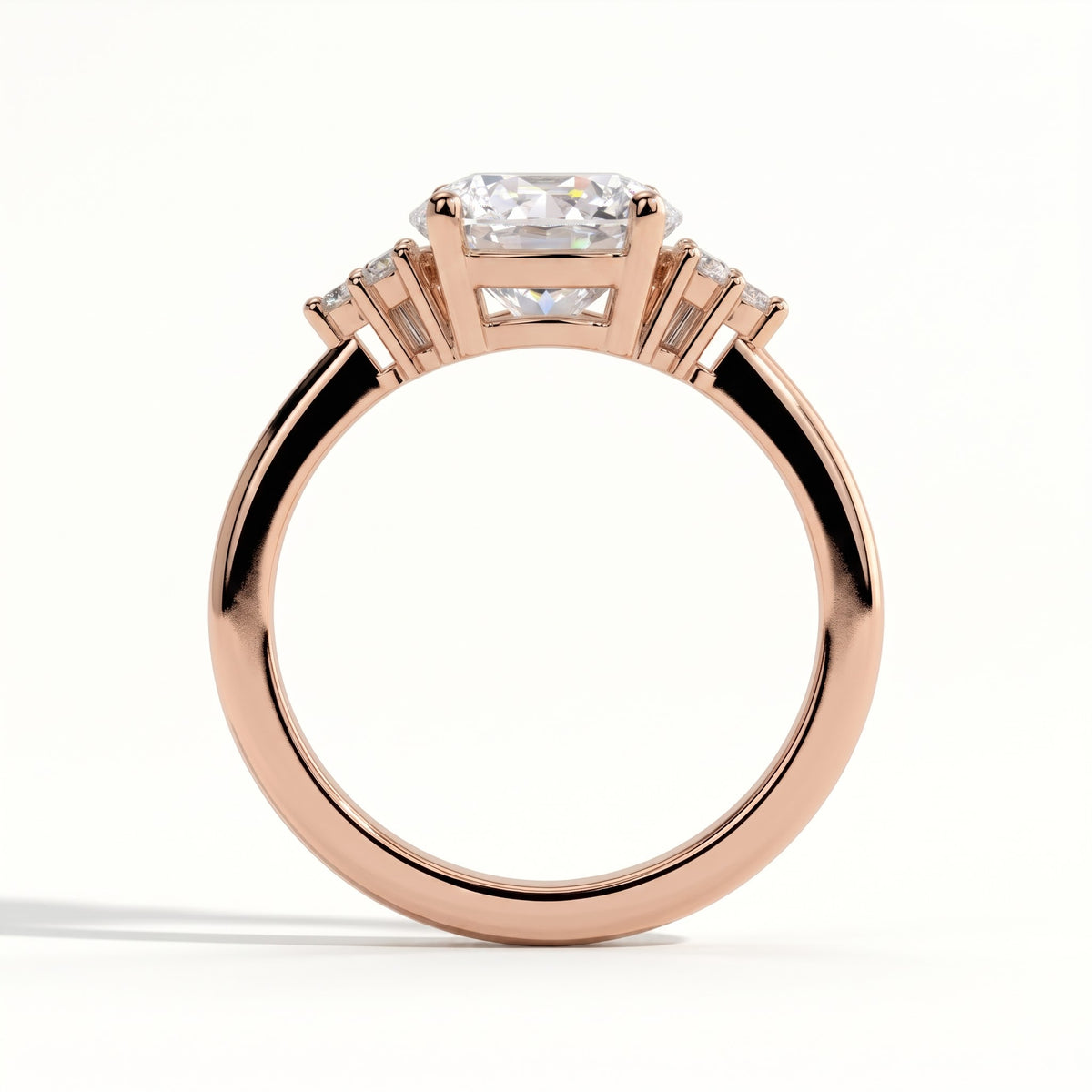 Round lab-grown diamond halo engagement ring in 18K (750) rose gold, side profile 
