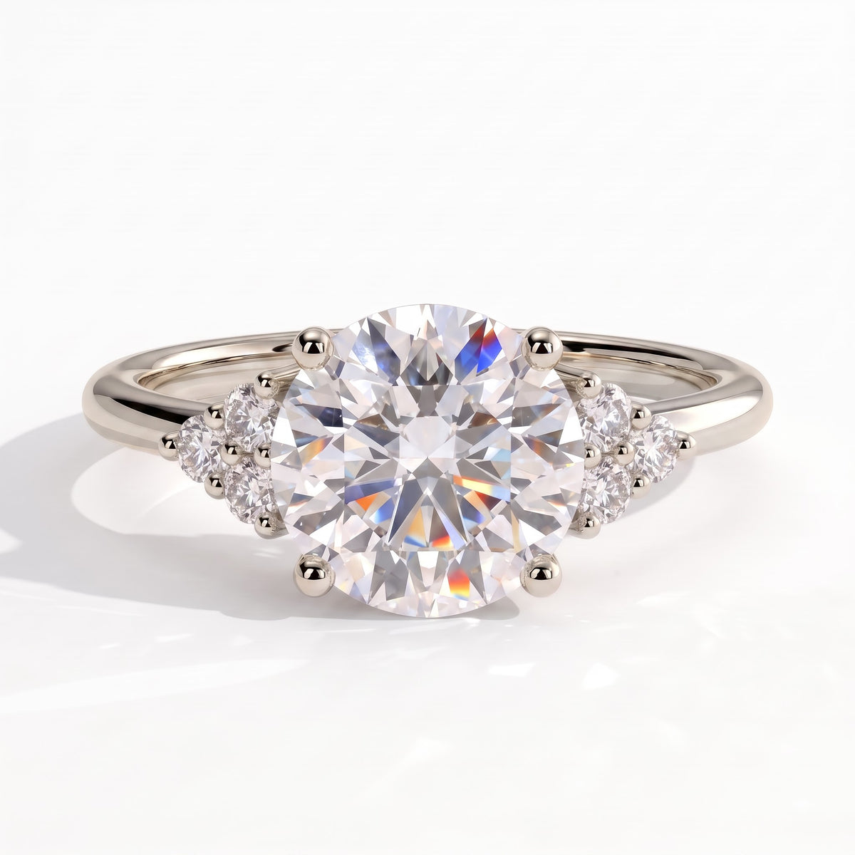 Round lab-grown diamond halo engagement ring in 18K (750) white gold, front view 
