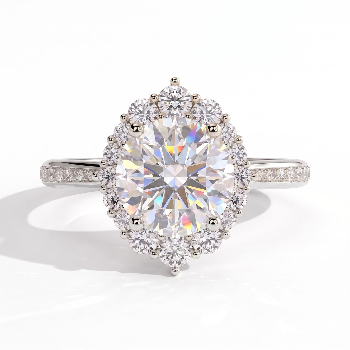 Round lab-grown diamond halo engagement ring in 950 platinum, front view 