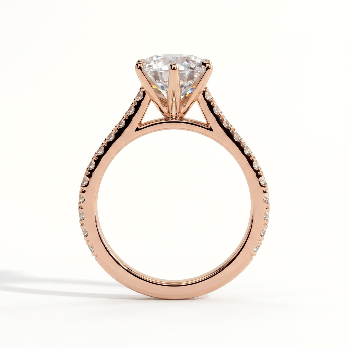 Round lab-grown diamond halo engagement ring in 14K (585) white gold, side profile 
