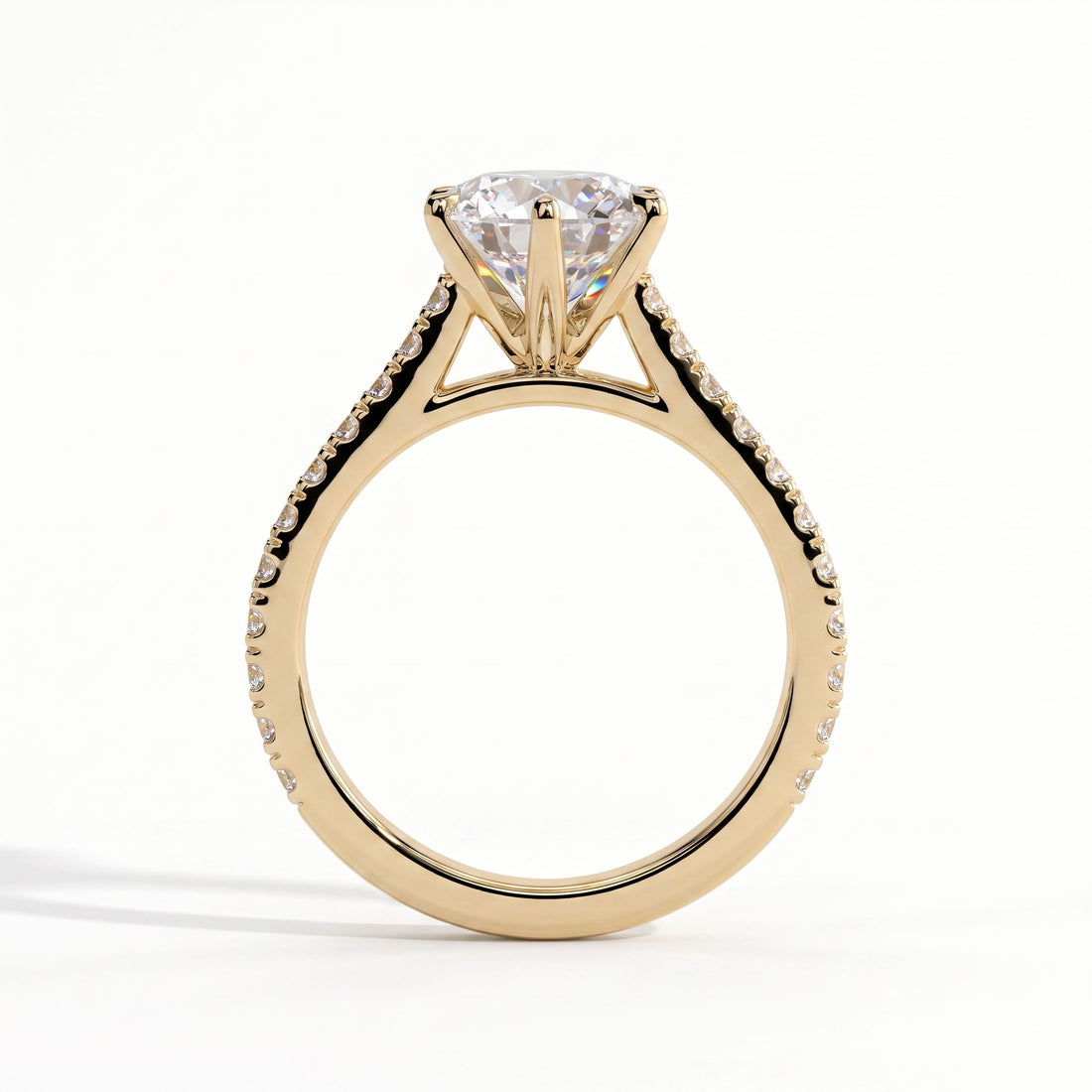 Round lab-grown diamond halo engagement ring in 14K (585) yellow gold, side profile 