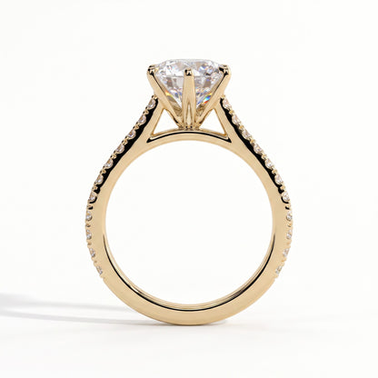 Round lab-grown diamond halo engagement ring in 14K (585) yellow gold, side profile 