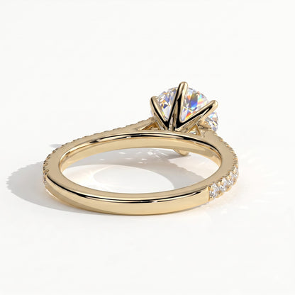 Round lab-grown diamond halo engagement ring in 18K (750) yellow gold, on white background 
