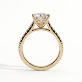 Round lab-grown diamond halo engagement ring in 18K (750) yellow gold, side profile 