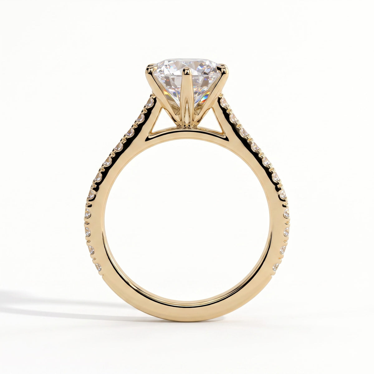 Round lab-grown diamond halo engagement ring in 18K (750) yellow gold, side profile 