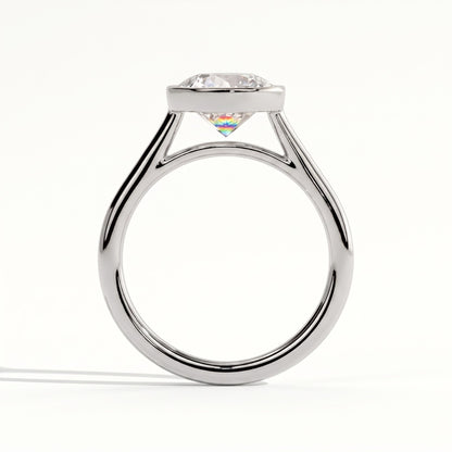 Round lab-grown diamond bezel-set solitaire engagement ring in 14K (585) white gold, side profile 