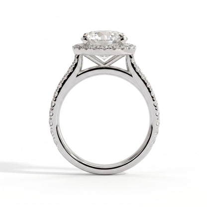 Round lab-grown diamond halo engagement ring in 14K (585) white gold, side profile 