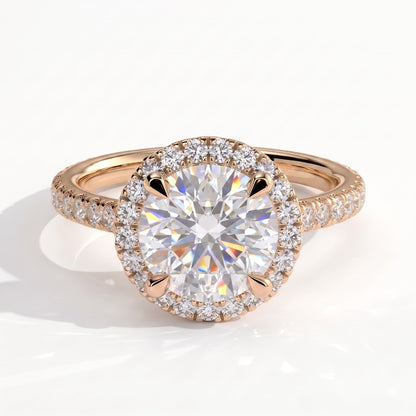 Round lab-grown diamond halo engagement ring in 14K (585) rose gold, front view 