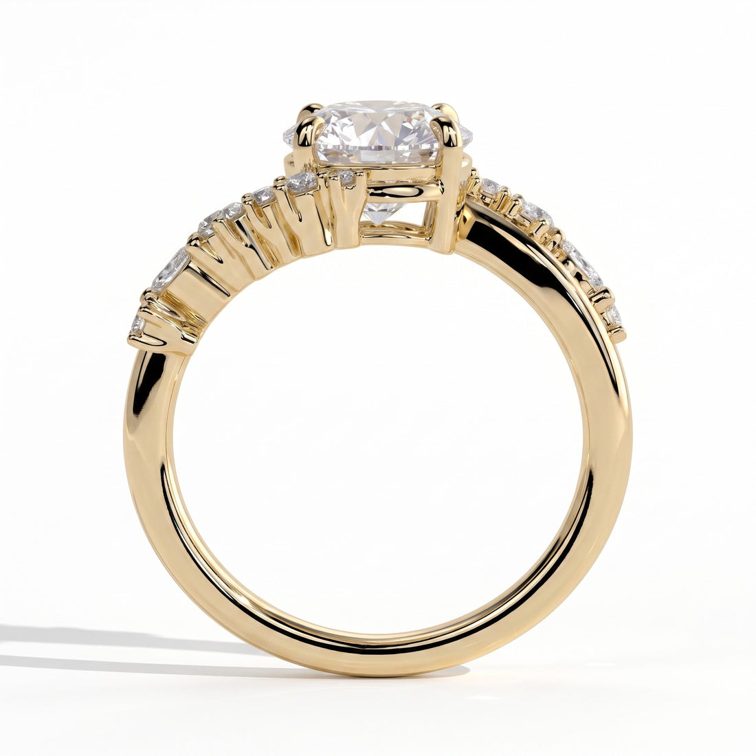 Round lab-grown diamond halo engagement ring in 14K (585) yellow gold, side profile 