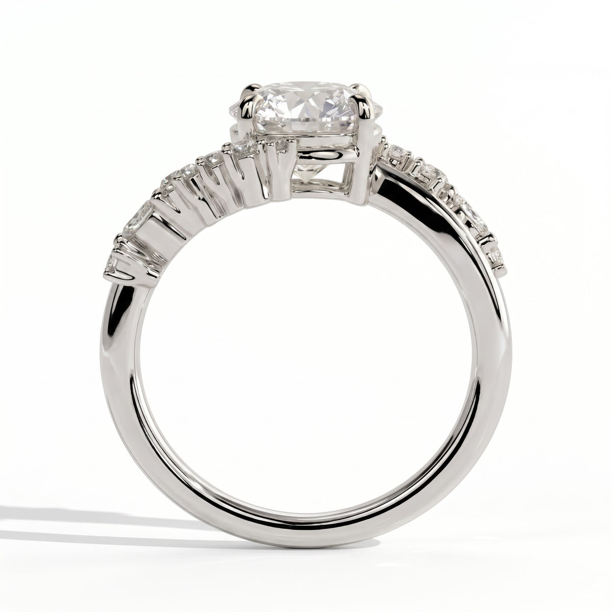 Round lab-grown diamond halo engagement ring in 14K (585) white gold, side profile 