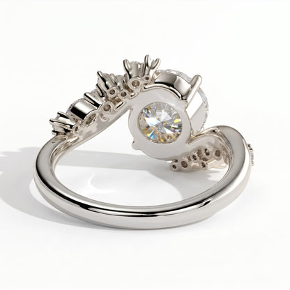 Round lab-grown diamond halo engagement ring in 14K (585) white gold, on white background 