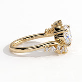 Round lab-grown diamond halo engagement ring in 14K (585) yellow gold, three-quarter view 