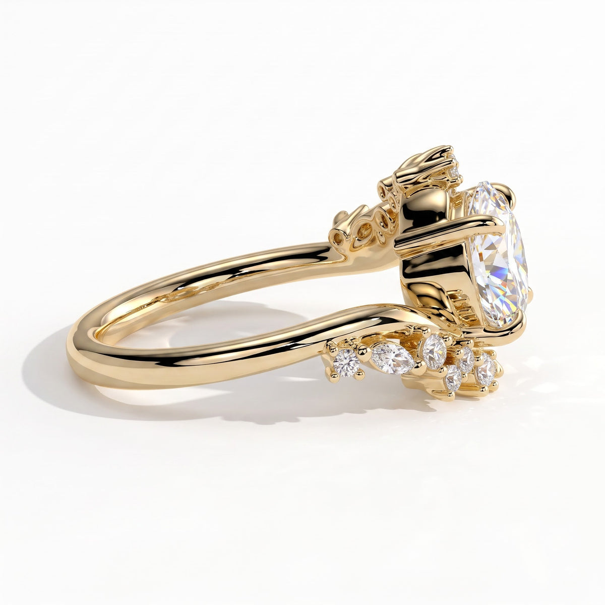 Round lab-grown diamond halo engagement ring in 14K (585) yellow gold, three-quarter view 