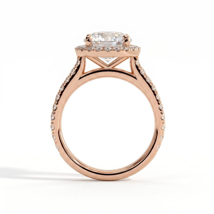 Round lab-grown diamond halo engagement ring in 18K (750) rose gold, detail view 