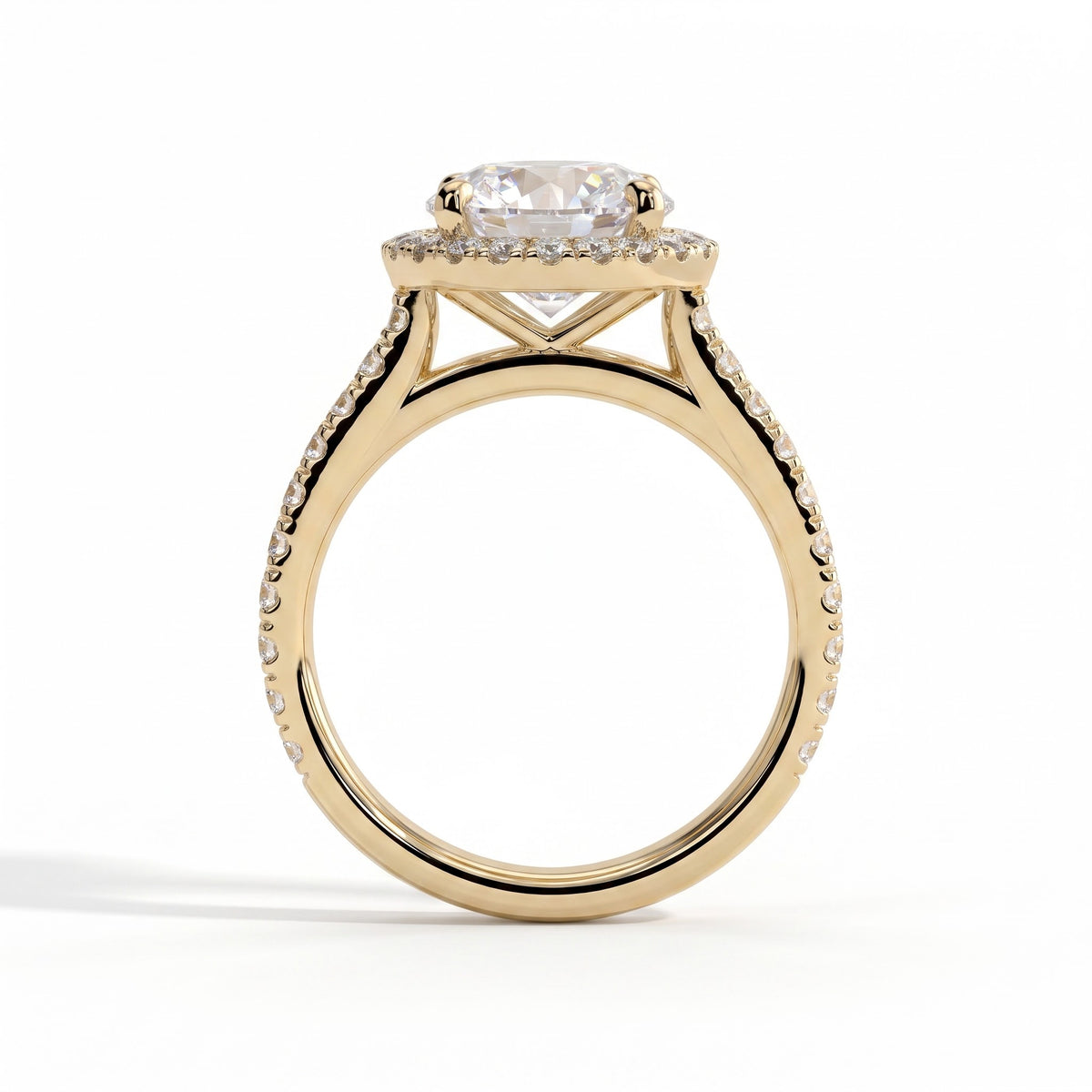Round lab-grown diamond halo engagement ring in 18K (750) yellow gold, side profile 