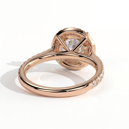 Round lab-grown diamond halo engagement ring in 18K (750) rose gold, side profile 