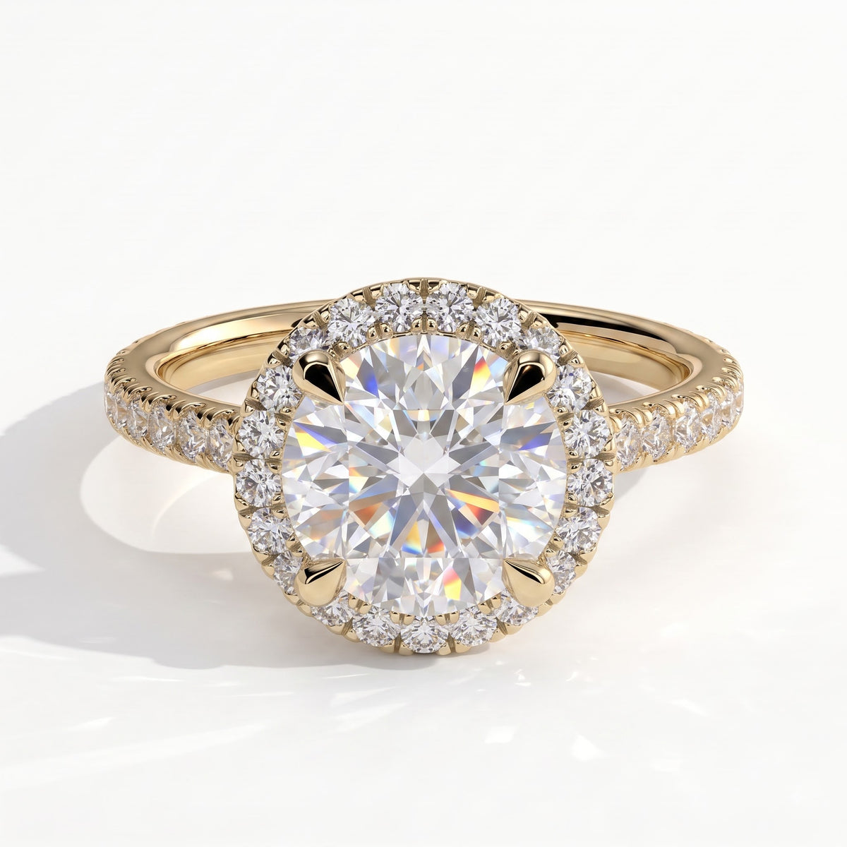 Round lab-grown diamond halo engagement ring in 18K (750) yellow gold, front view 