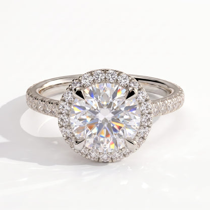 Round lab-grown diamond halo engagement ring in 950 platinum, front view 