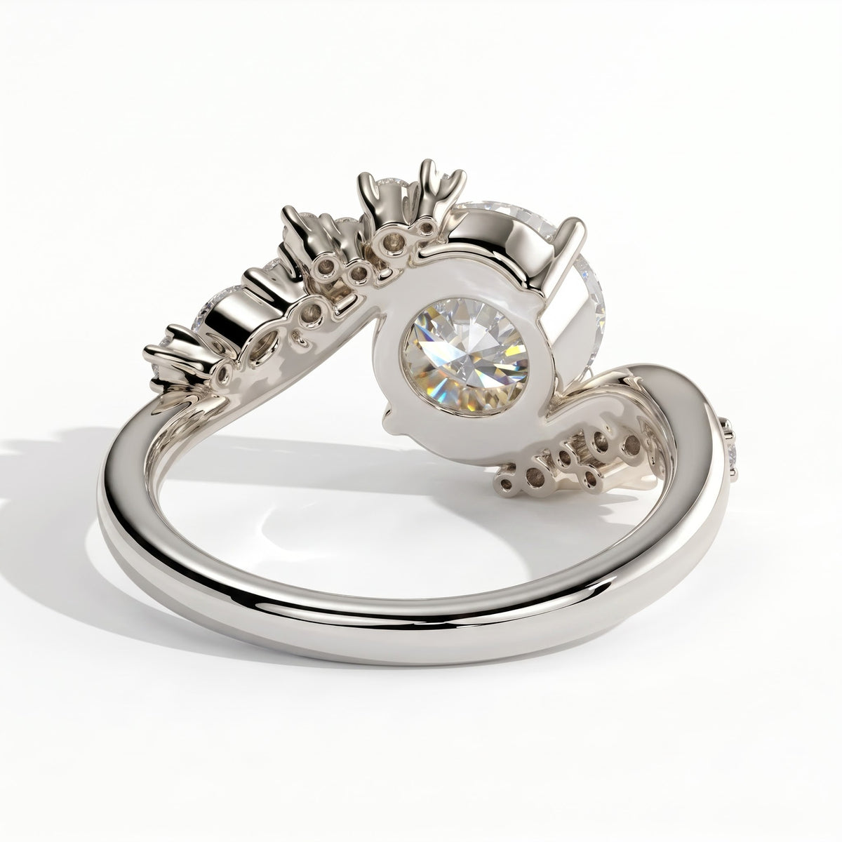 Round lab-grown diamond halo engagement ring in 18K (750) white gold, on white background 