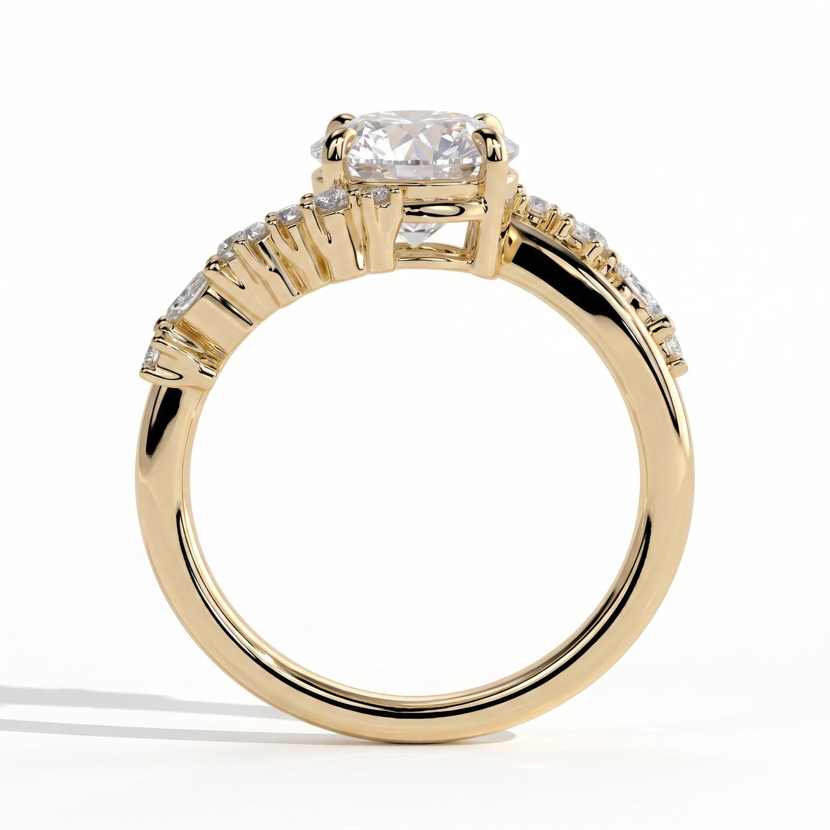 Round lab-grown diamond halo engagement ring in 18K (750) yellow gold, side profile 
