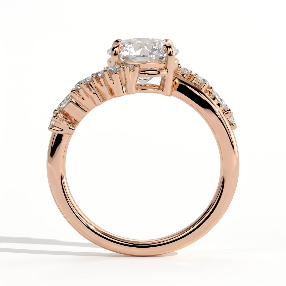 Round lab-grown diamond halo engagement ring in 18K (750) rose gold, side profile 