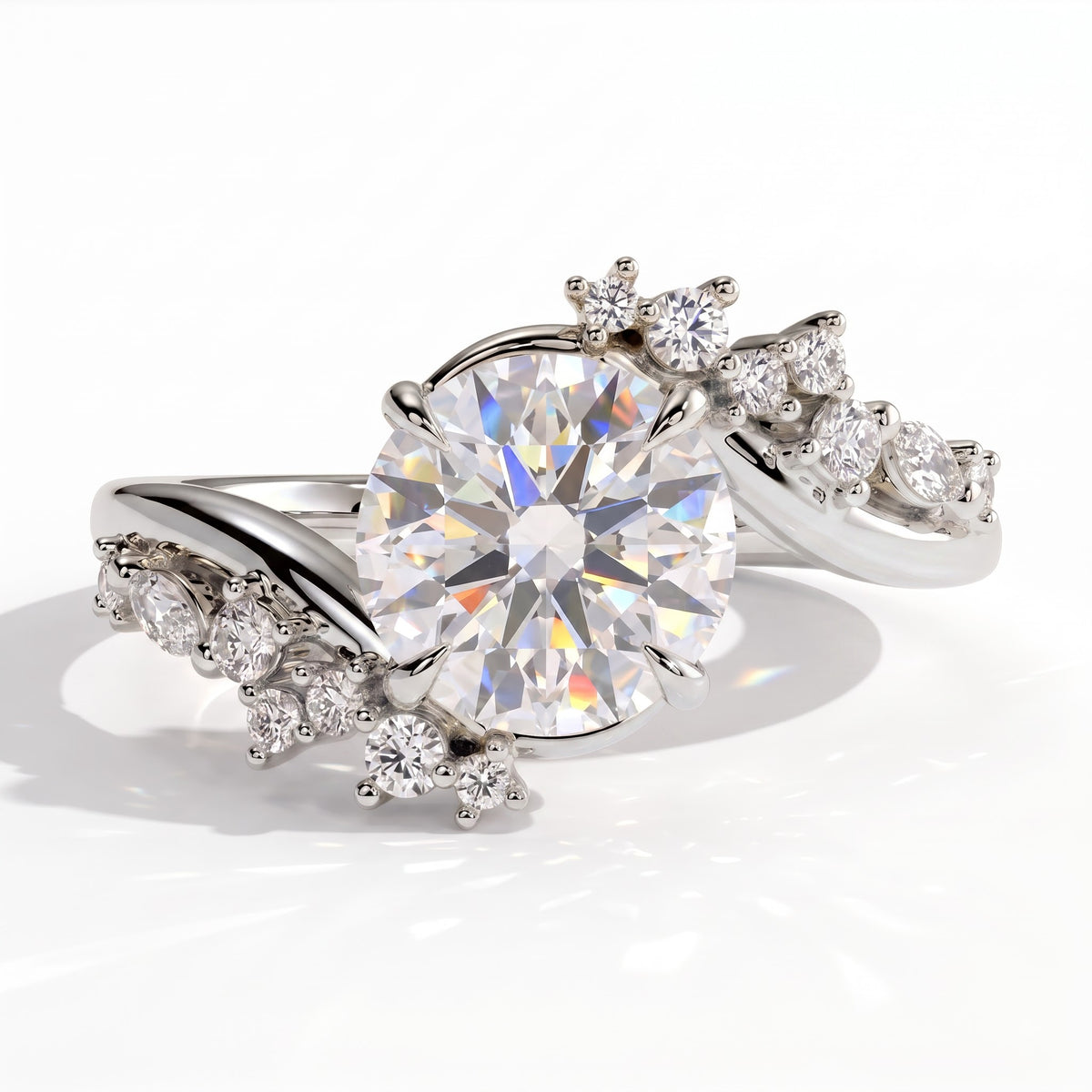 Round lab-grown diamond halo engagement ring in 18K (750) white gold, front view 