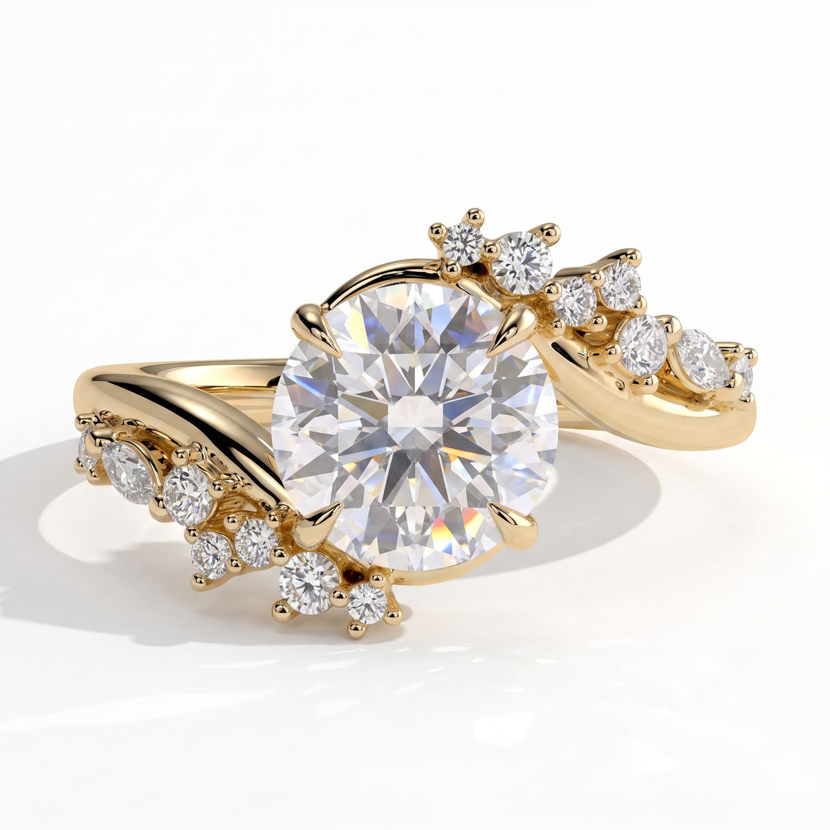 Round lab-grown diamond halo engagement ring in 18K (750) yellow gold, front view 