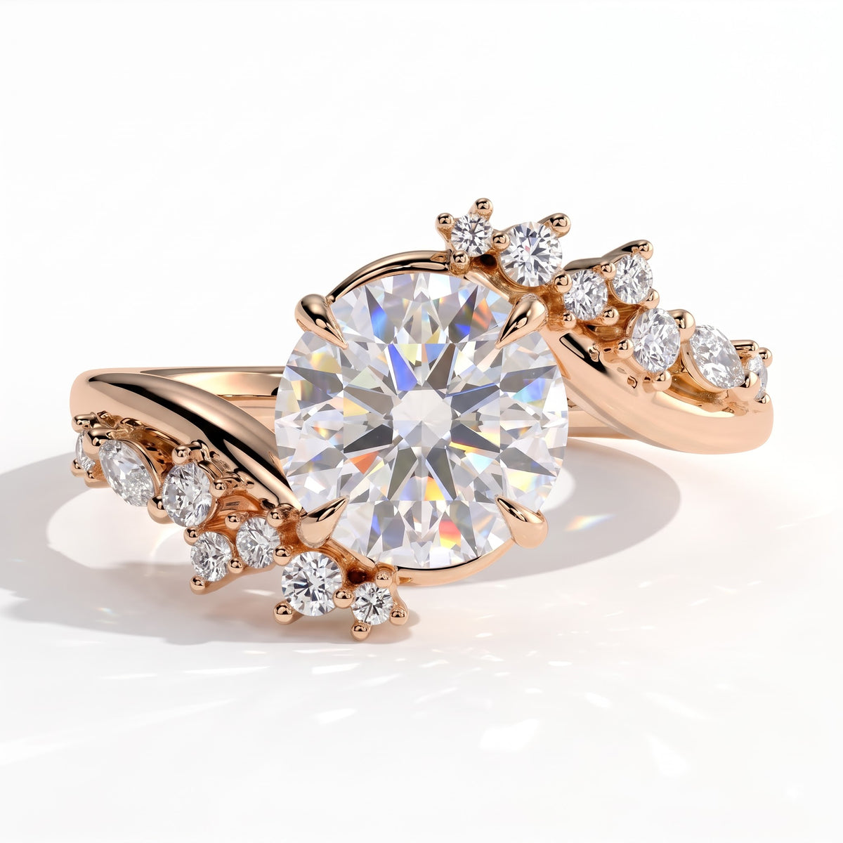 Round lab-grown diamond halo engagement ring in 18K (750) rose gold, front view 