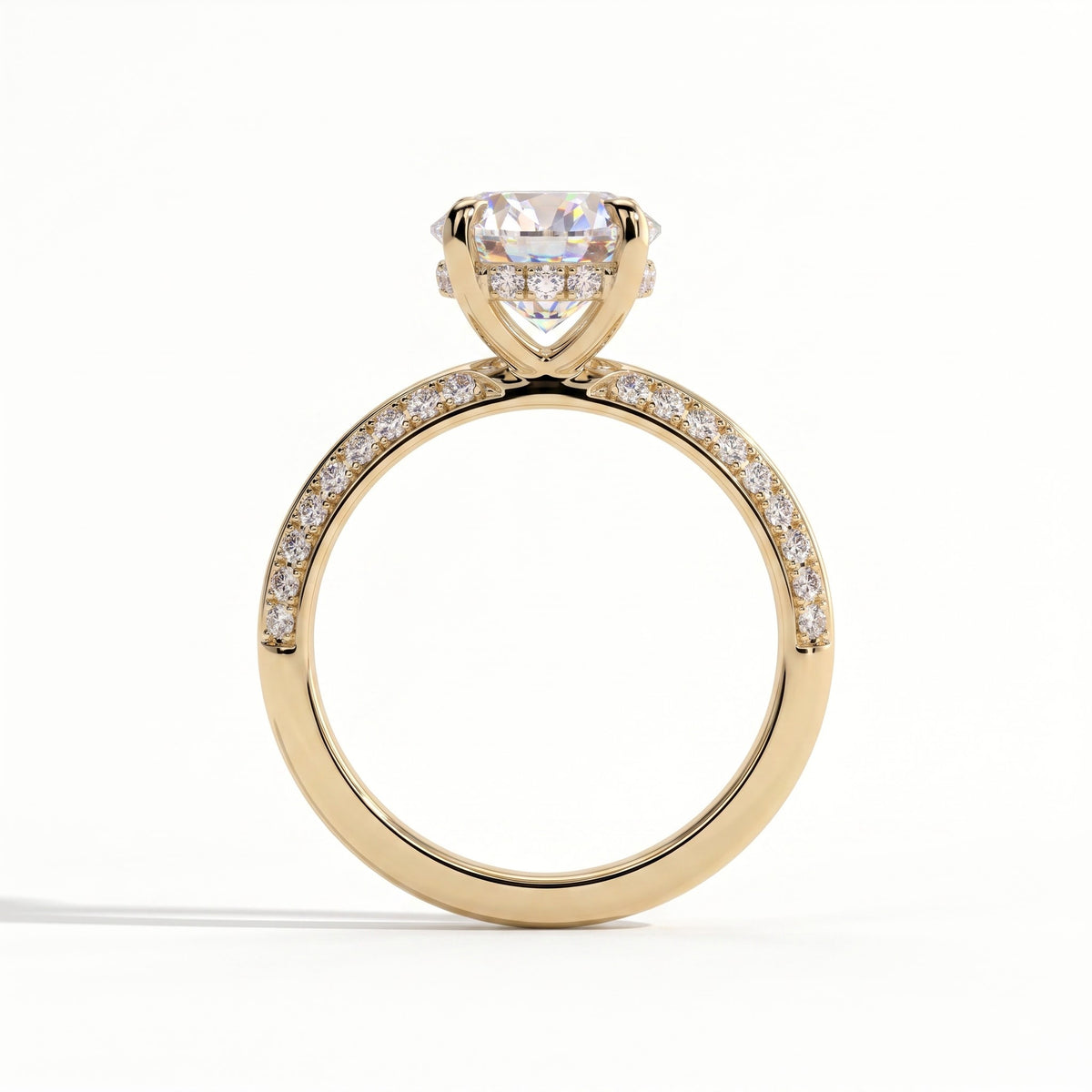 Round lab-grown diamond halo engagement ring in 14K (585) yellow gold, side profile 