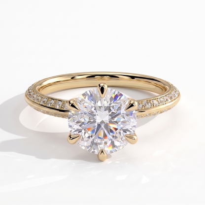 Round lab-grown diamond halo engagement ring in 14K (585) yellow gold, front view 