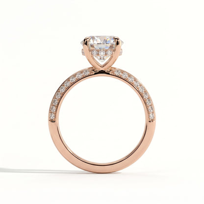 Round lab-grown diamond halo engagement ring in 14K (585) rose gold, side profile 