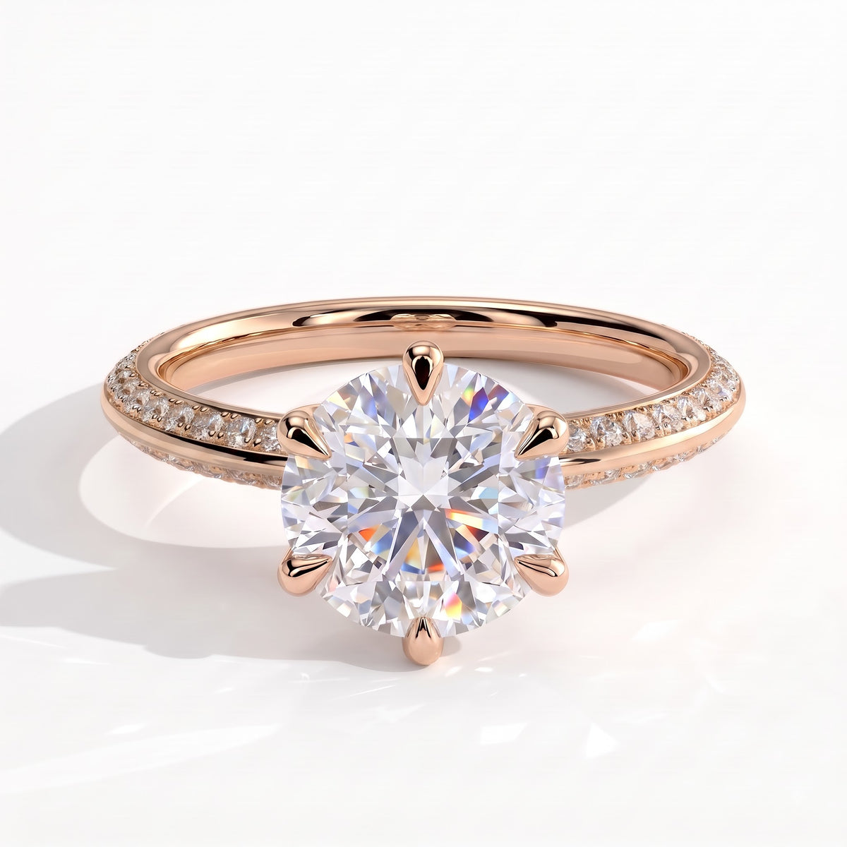Round lab-grown diamond halo engagement ring in 14K (585) rose gold, front view 