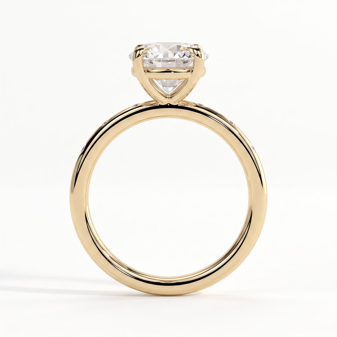 Round lab-grown diamond halo engagement ring in 14K (585) yellow gold, side profile 