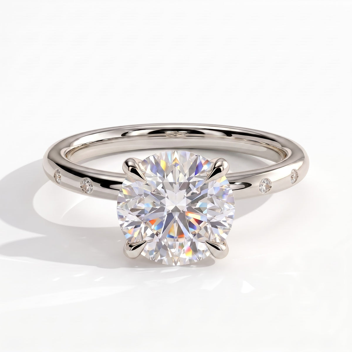 Round lab-grown diamond halo engagement ring in 14K (585) white gold, front view 
