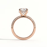 Round lab-grown diamond halo engagement ring in 18K (750) rose gold, side profile 