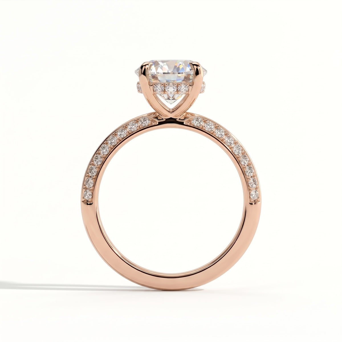 Round lab-grown diamond halo engagement ring in 18K (750) rose gold, side profile 