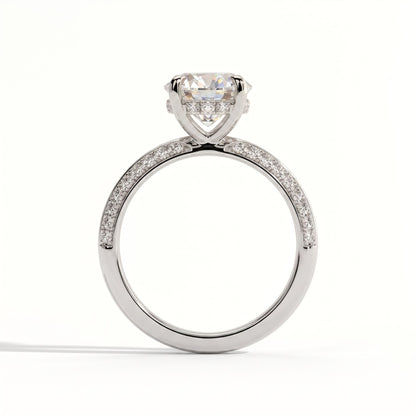 Round lab-grown diamond halo engagement ring in 18K (750) white gold, side profile 
