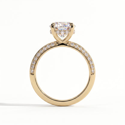 Round lab-grown diamond halo engagement ring in 18K (750) yellow gold, side profile 