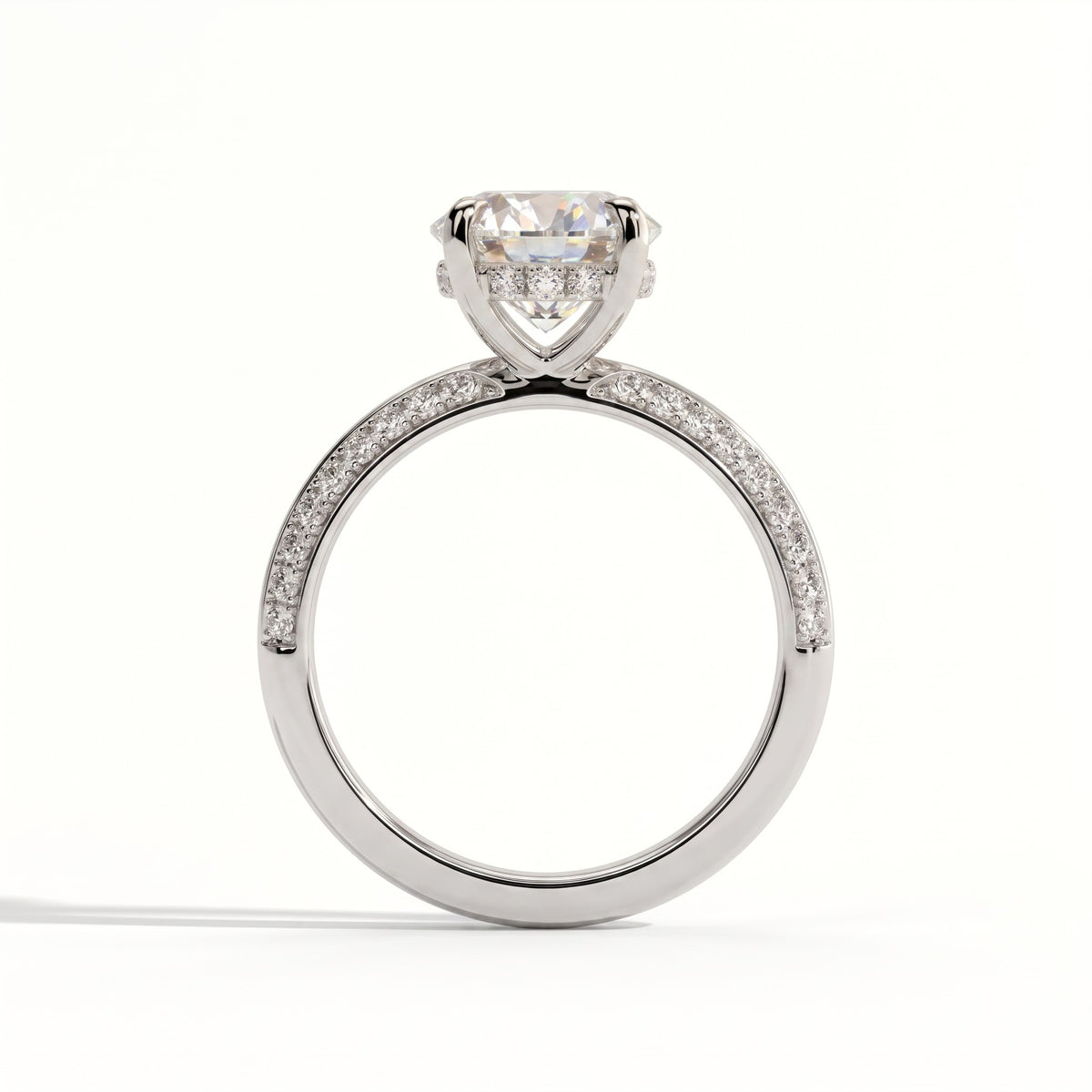Round lab-grown diamond halo engagement ring in 950 platinum, side profile 